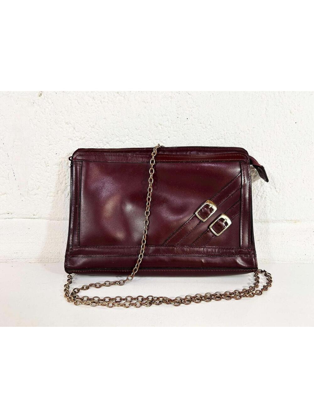 Maroon Leather Purse Shoulder Bag Burgundy Merlot Crossbody Clutch Chain 1970s